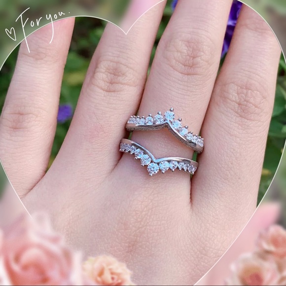 💖 Double tiara crown wedding bands Cage Cluster Enhancer Guard bridal Ring - Picture 4 of 5